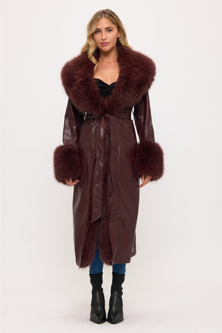 Long Faux Leather/Fur Trim Coat