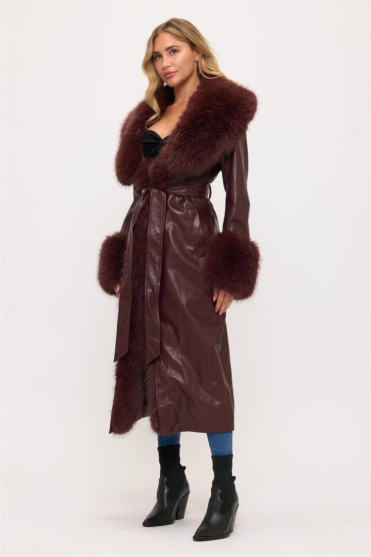 Long Faux Leather/Fur Trim Coat