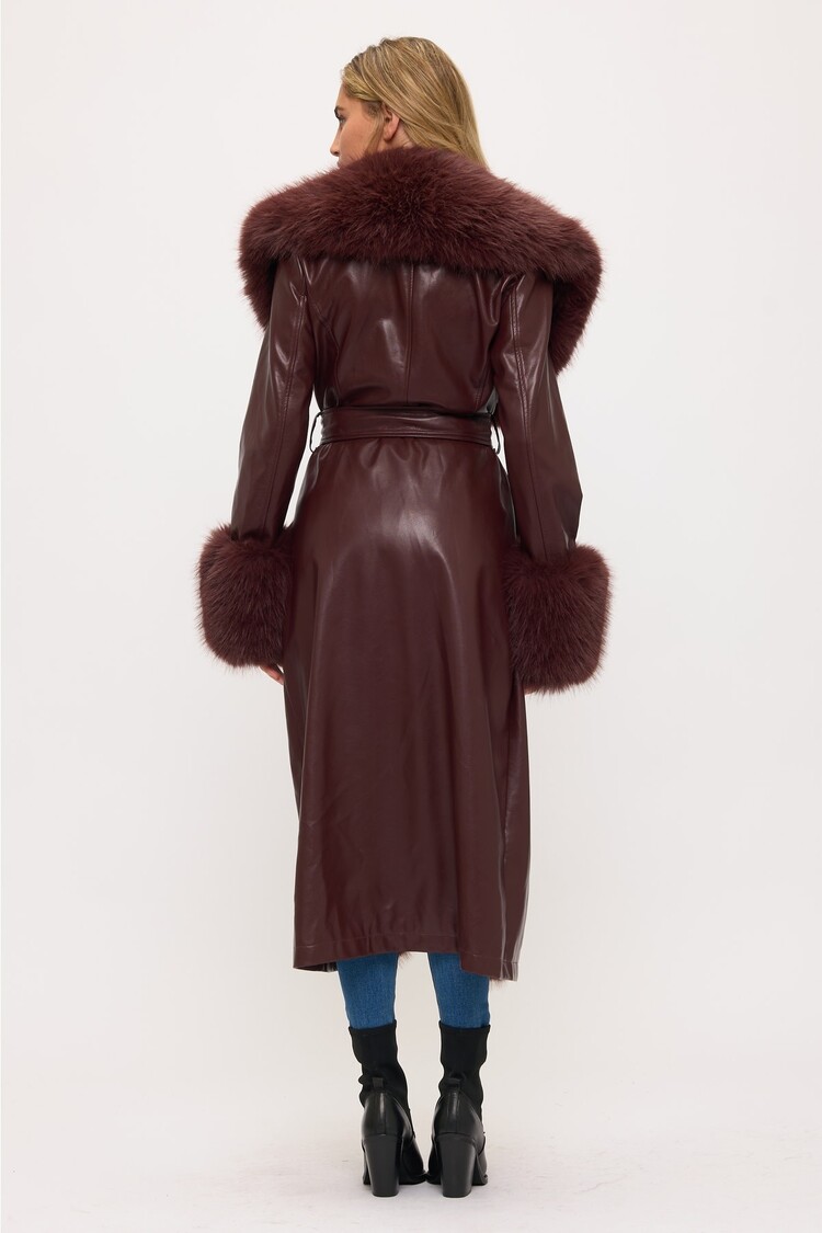 Long Faux Leather/Fur Trim Coat