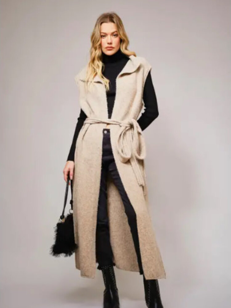 Wool Blend Belted Maxi Cardigan Vest