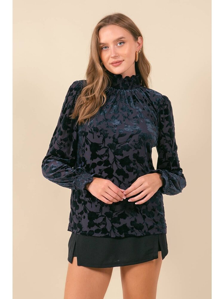 Smocked Mock Neck L/S Velvet Top