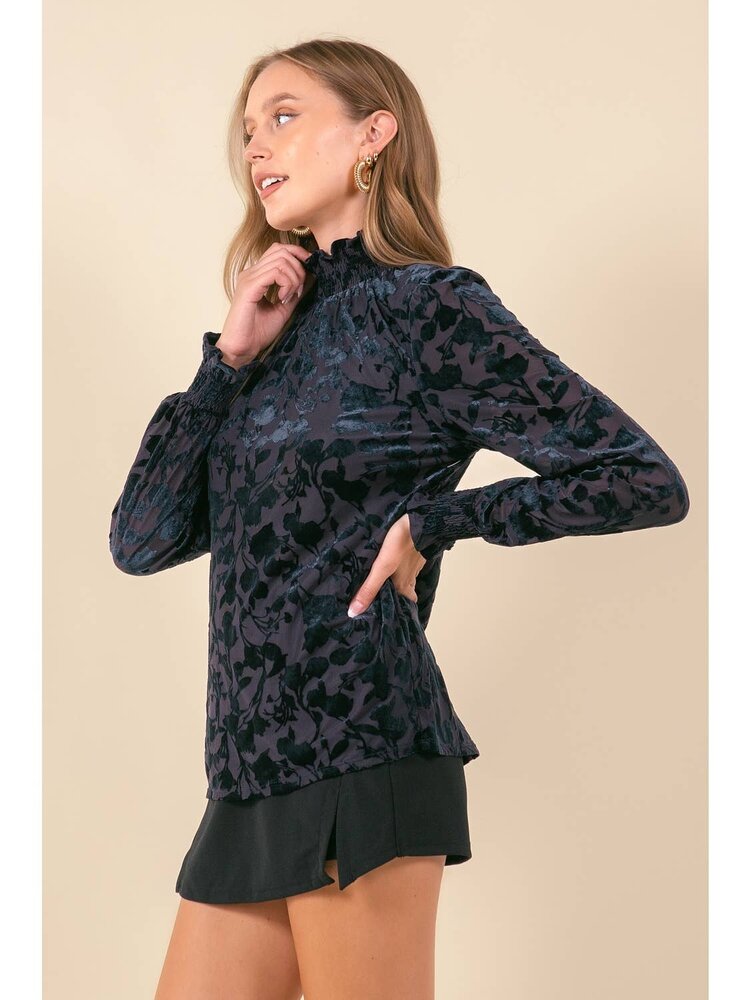 Smocked Mock Neck L/S Velvet Top