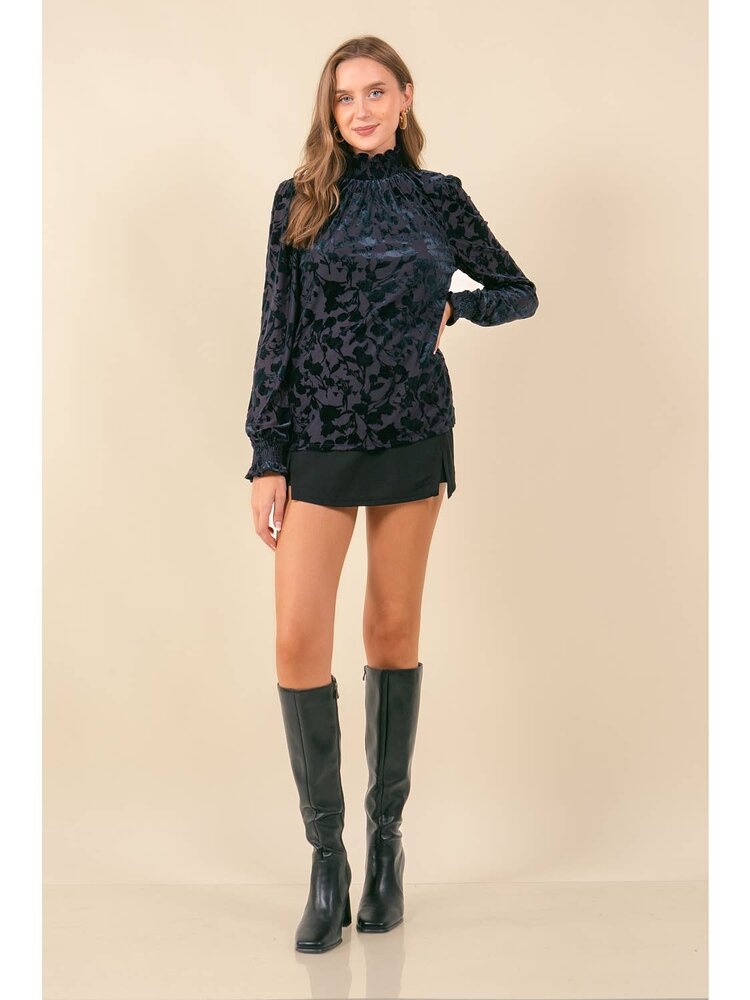 Smocked Mock Neck L/S Velvet Top