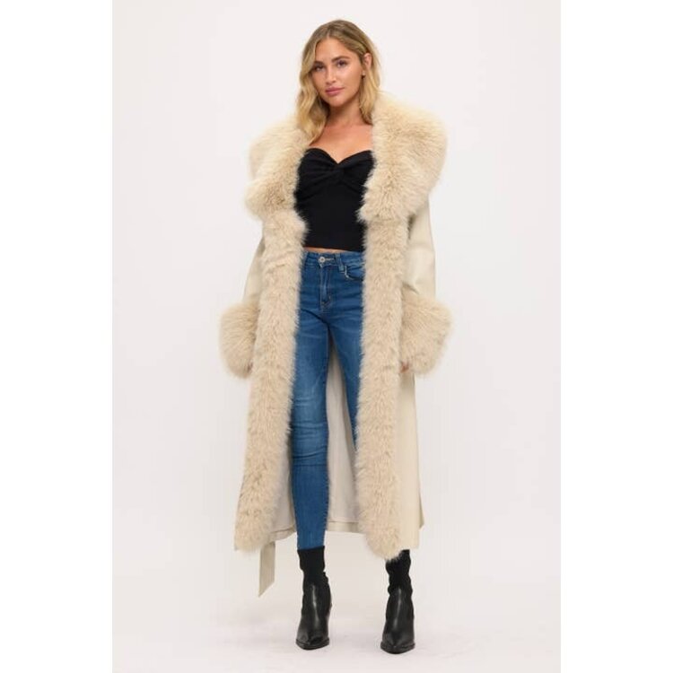 Long Faux Leather/Fur Trim Coat