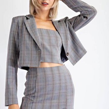 Plaid Cropped Single Button Blazer
