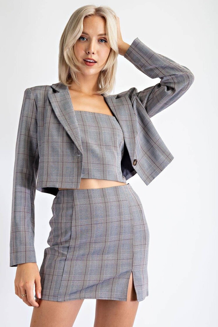 Plaid Cropped Single Button Blazer