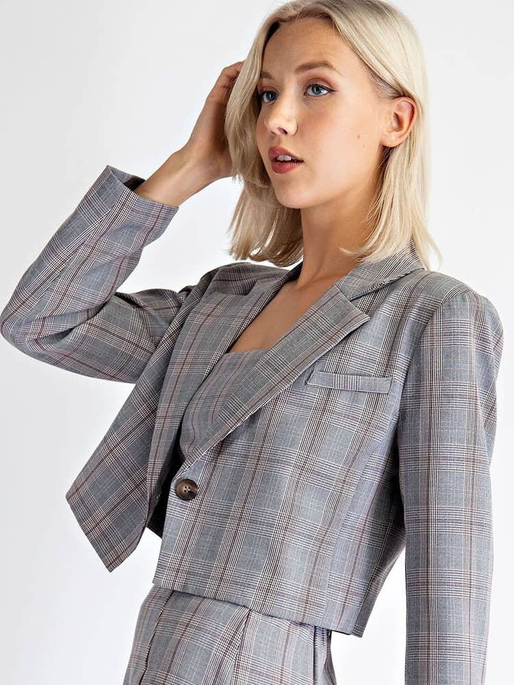Plaid Cropped Single Button Blazer
