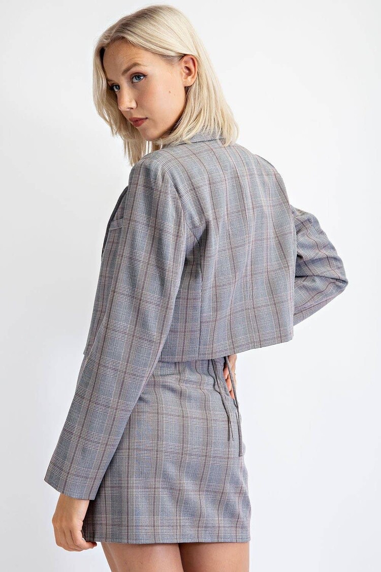 Plaid Cropped Single Button Blazer
