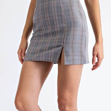 Plaid Mini Skirt w/Slit