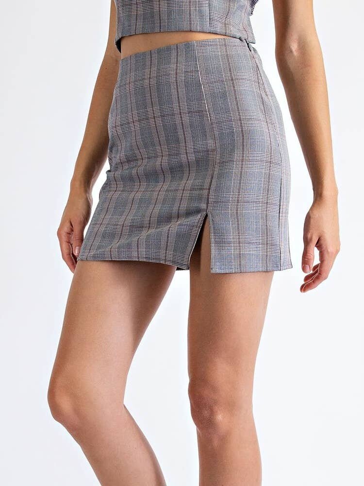 Plaid Mini Skirt w/Slit