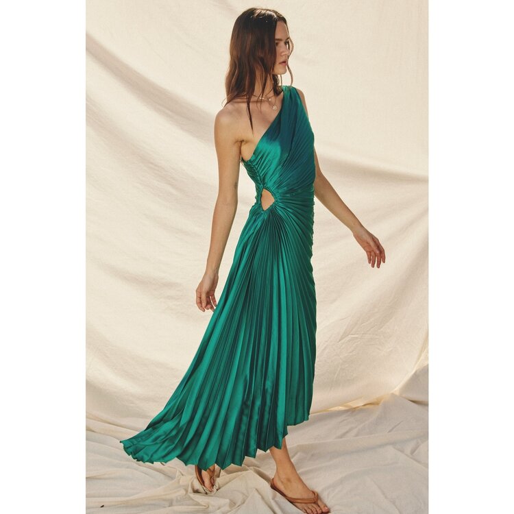 Olympia Asymmetrical Pleated Maxi Dress
