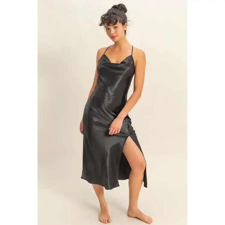 Satin Inspired Cowl Neck Midi Dress