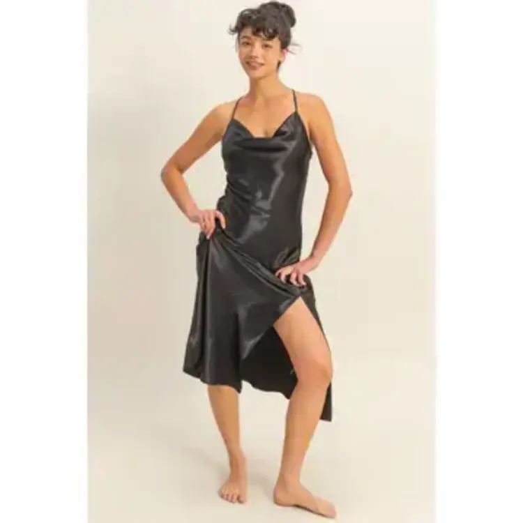 Satin Inspired Cowl Neck Midi Dress