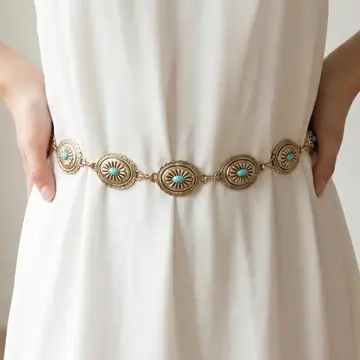 Oval Turquoise Concho Chain Belt Gold OSM