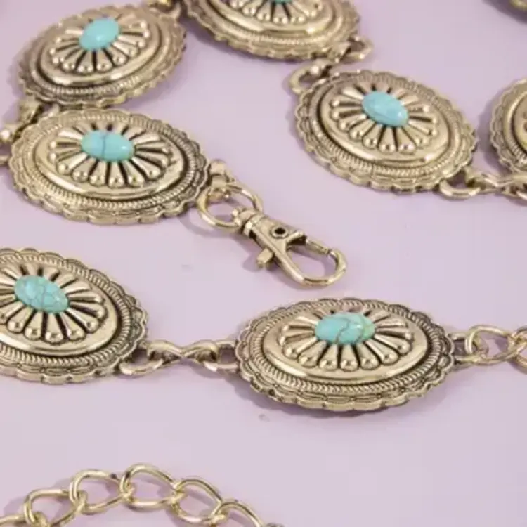 Oval Turquoise Concho Chain Belt Gold OSM