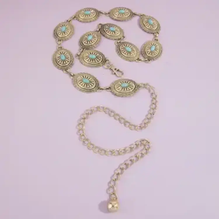 Oval Turquoise Concho Chain Belt Gold OSM