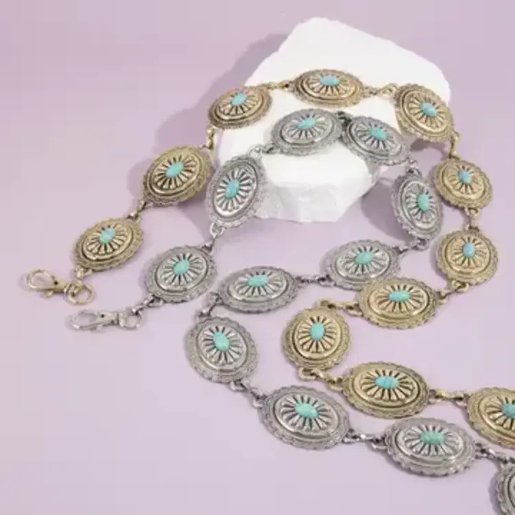 Oval Turquoise Concho Chain Belt Gold OSM