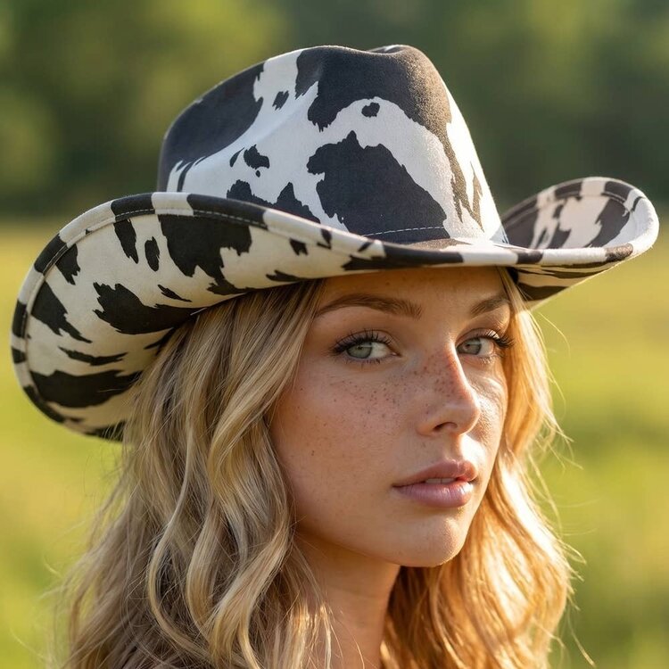 Faux Suede Cow Print Western Cowboy Hat