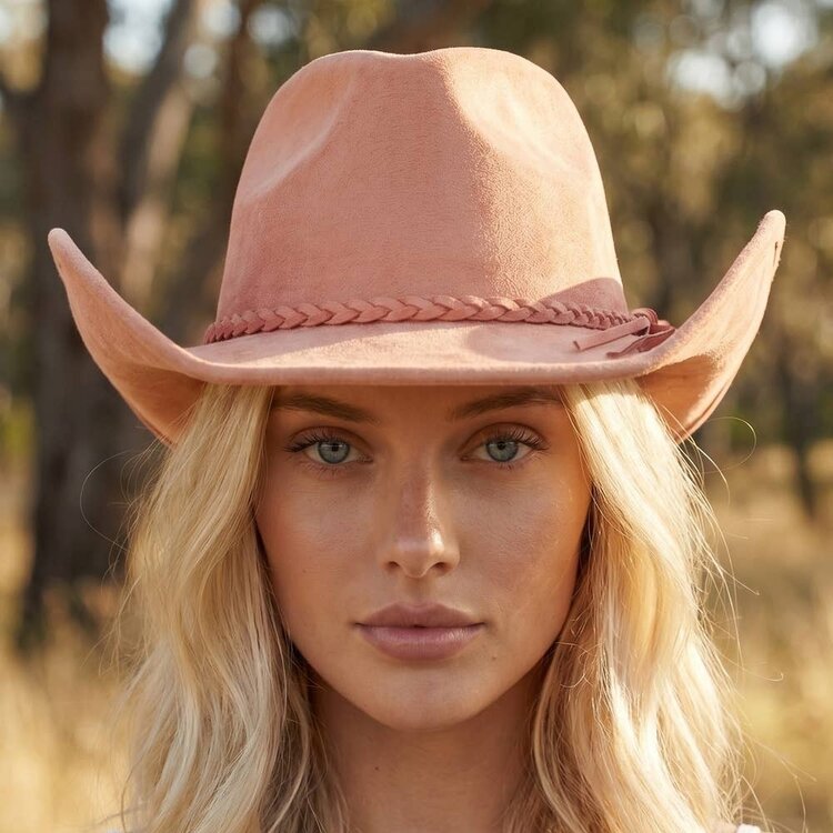 Faux Suede Braided Western Hat Pink