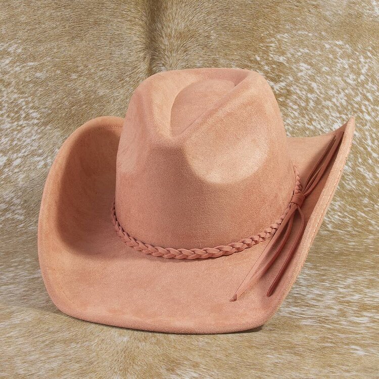Faux Suede Braided Western Hat Pink