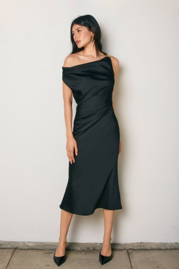 Satin Cowl Ruched Midi Dress