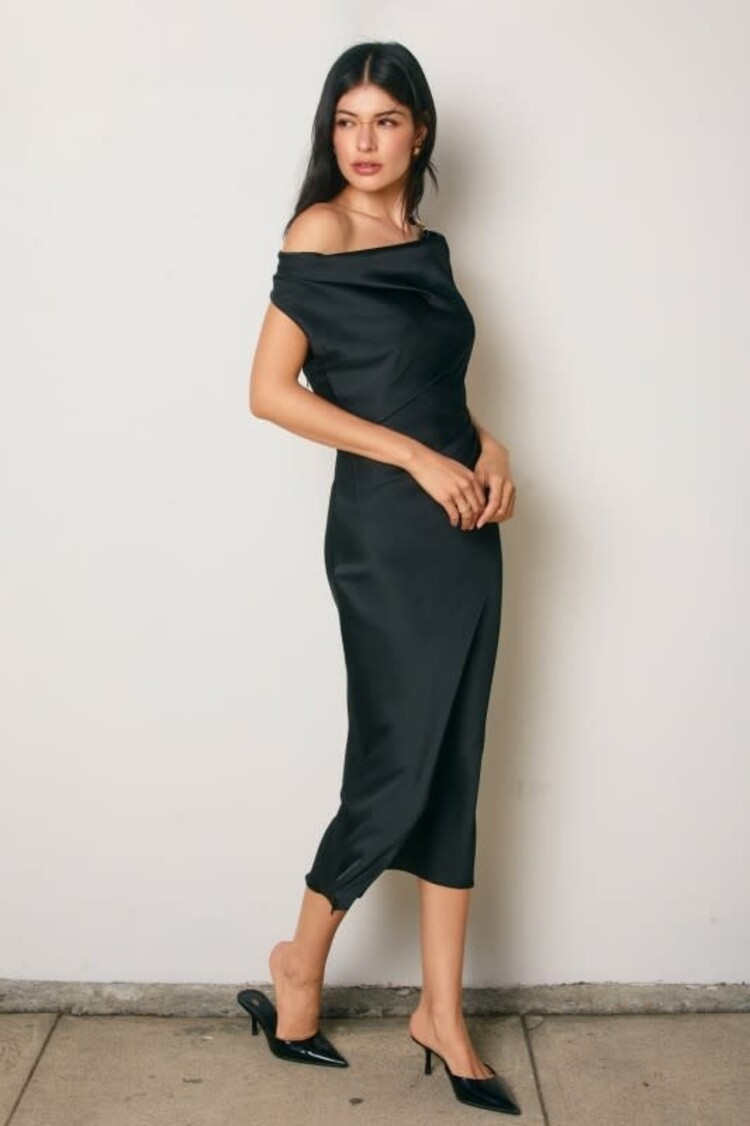 Satin Cowl Ruched Midi Dress