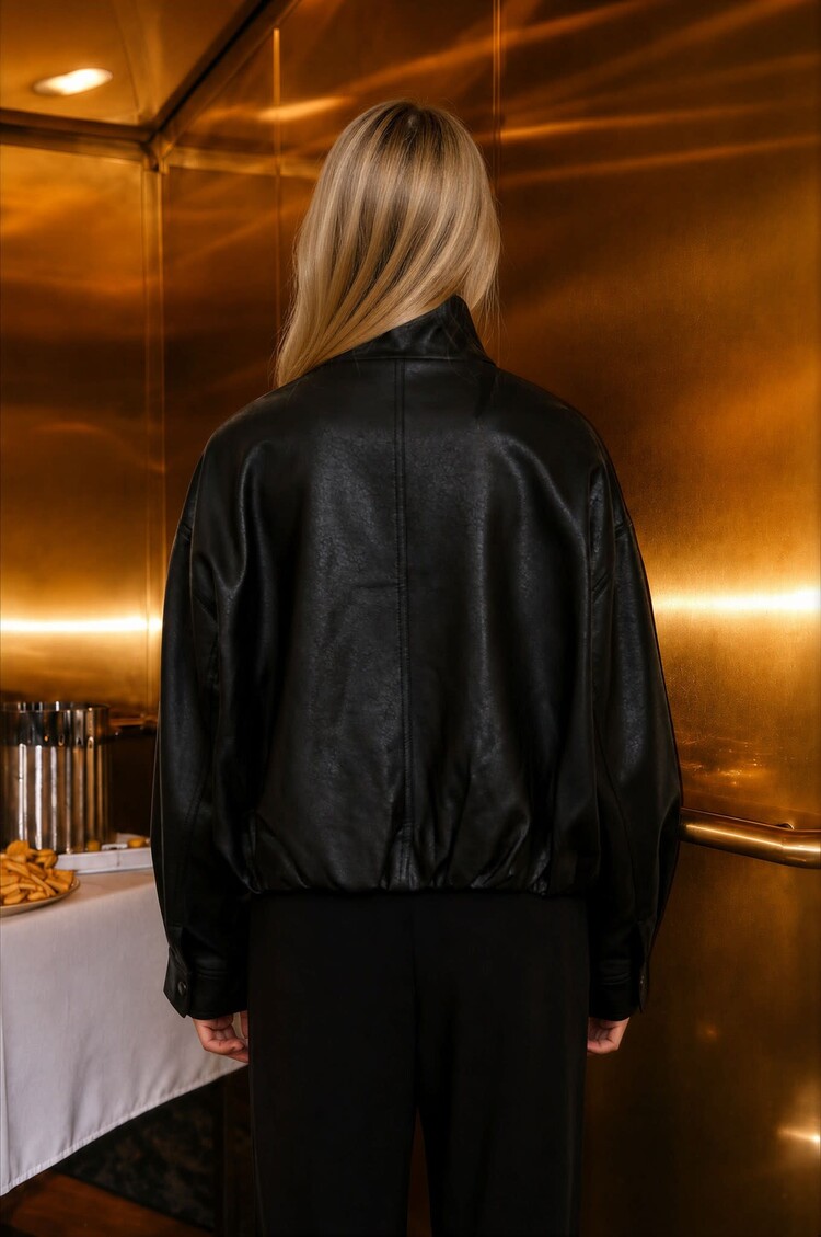Faux Leather Mock Neck Bomber Jacket