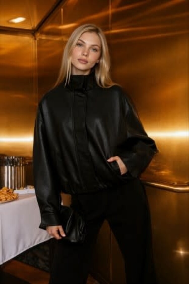 Faux Leather Mock Neck Bomber Jacket