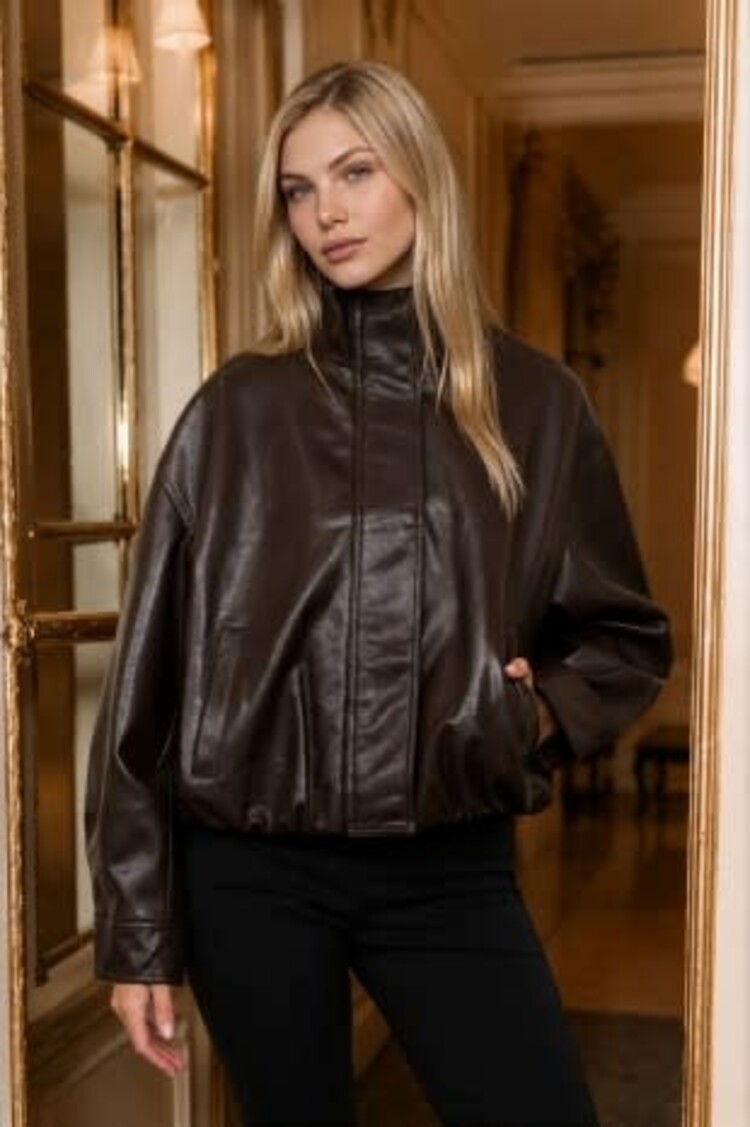 Faux Leather Mock Neck Bomber Jacket