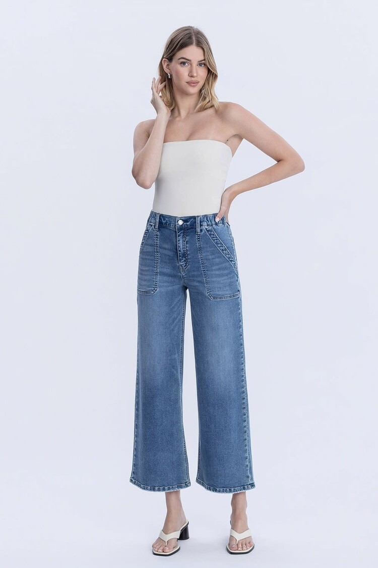 High Rise Elastic Wide Leg Jeans