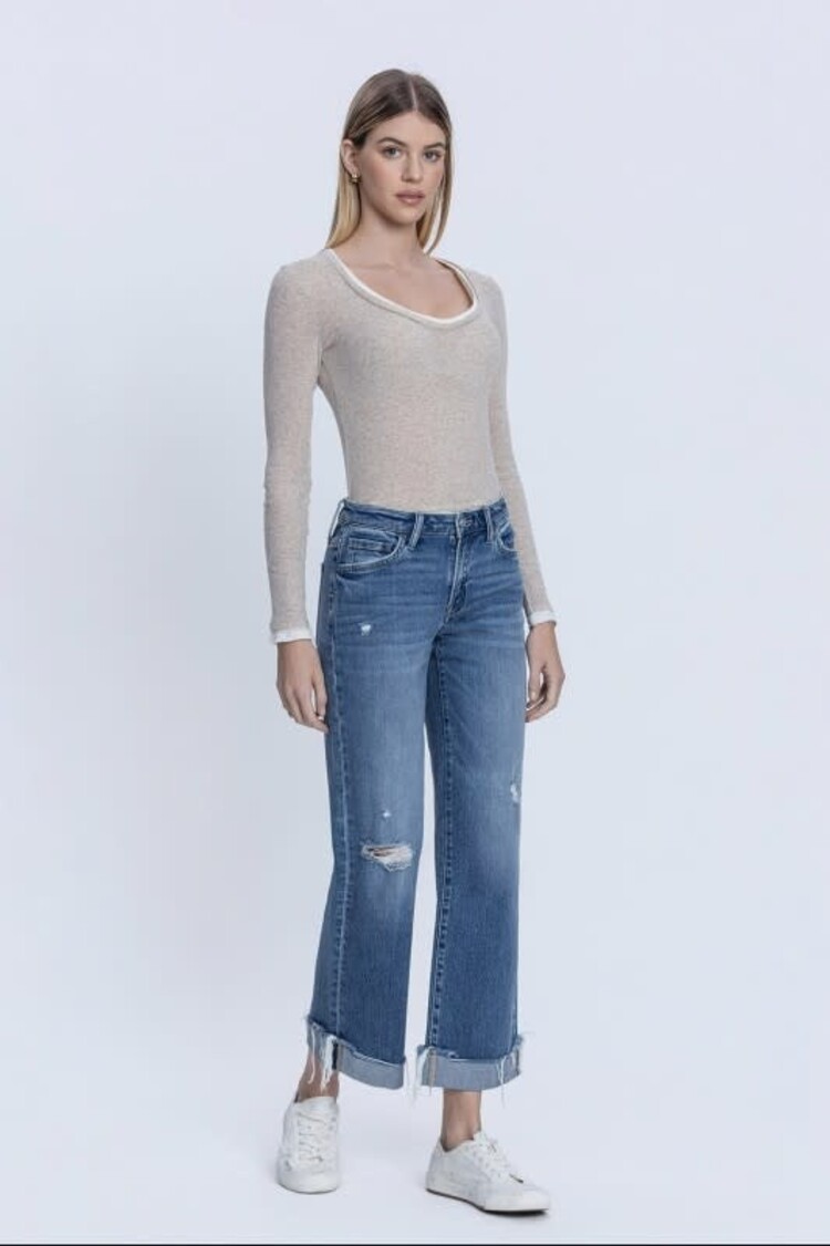 Mid Rise Cuff Slim Wide Jeans