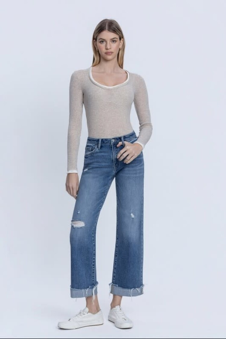Mid Rise Cuff Slim Wide Jeans