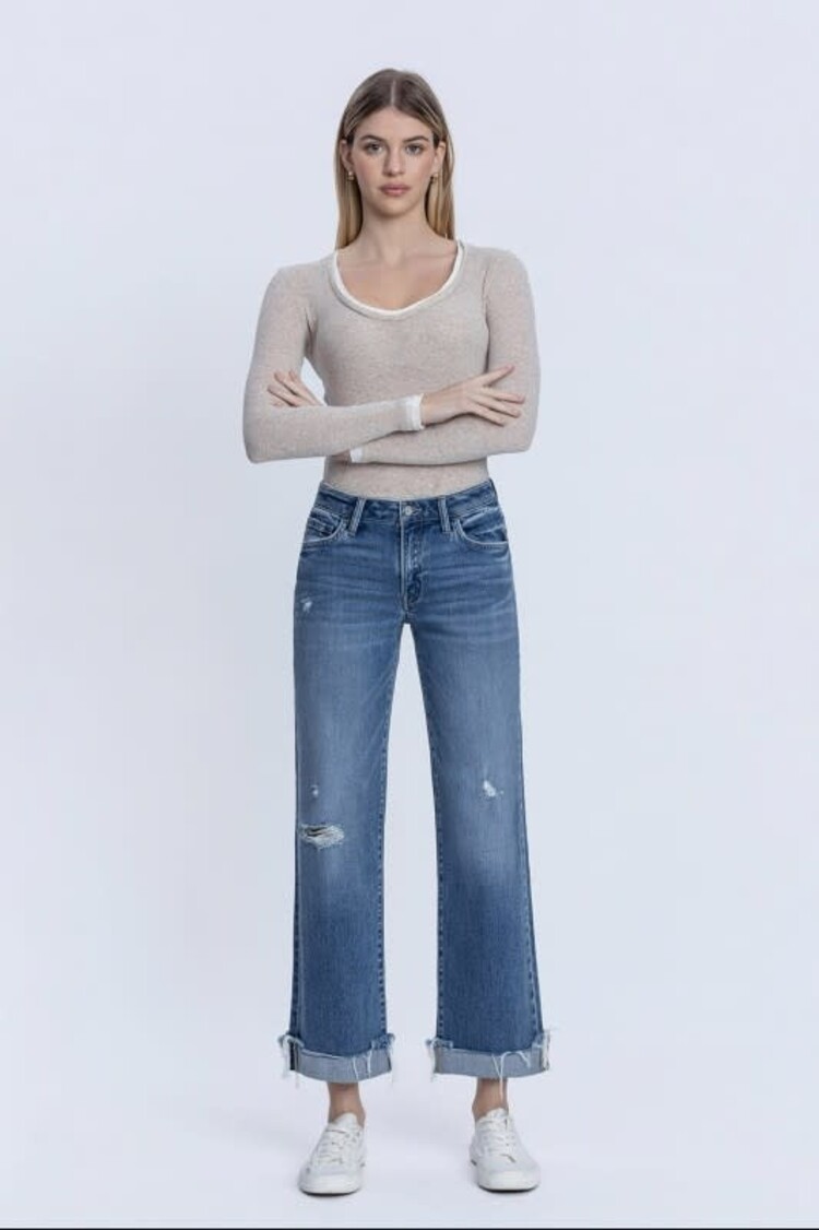 Mid Rise Cuff Slim Wide Jeans