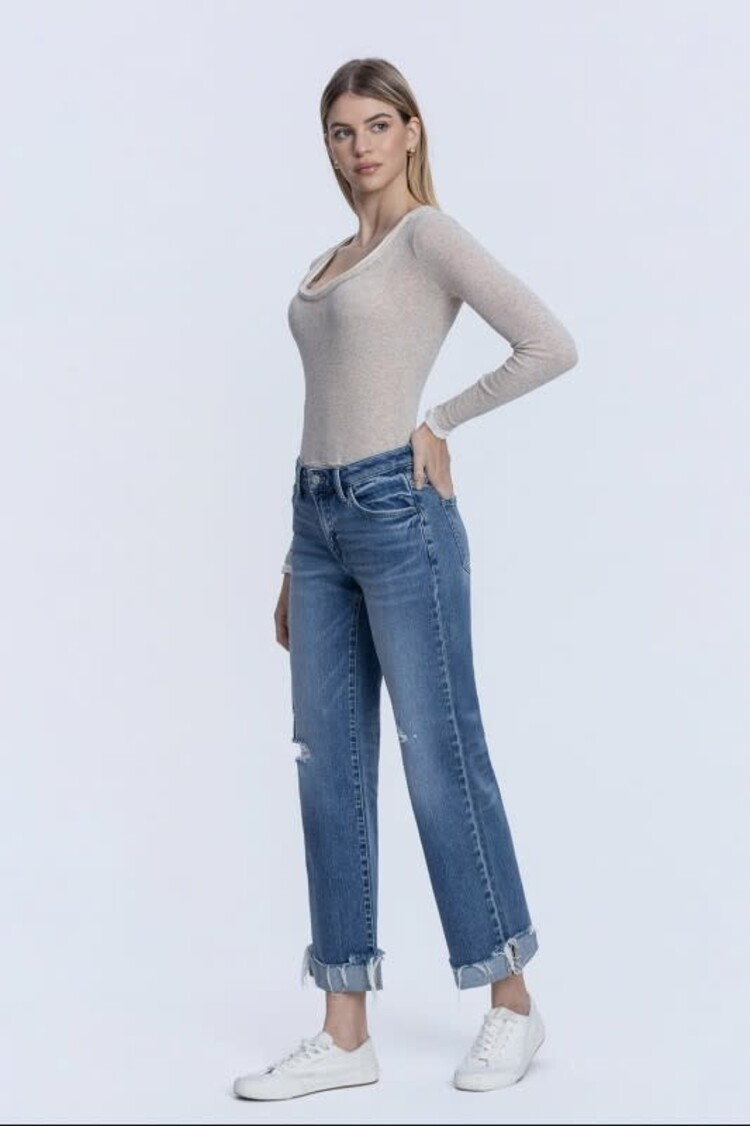 Mid Rise Cuff Slim Wide Jeans