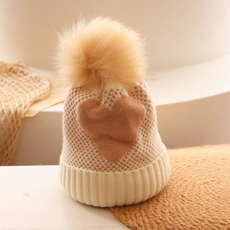 Knit Baby Heart Hat W/ Pom Pom - Cream