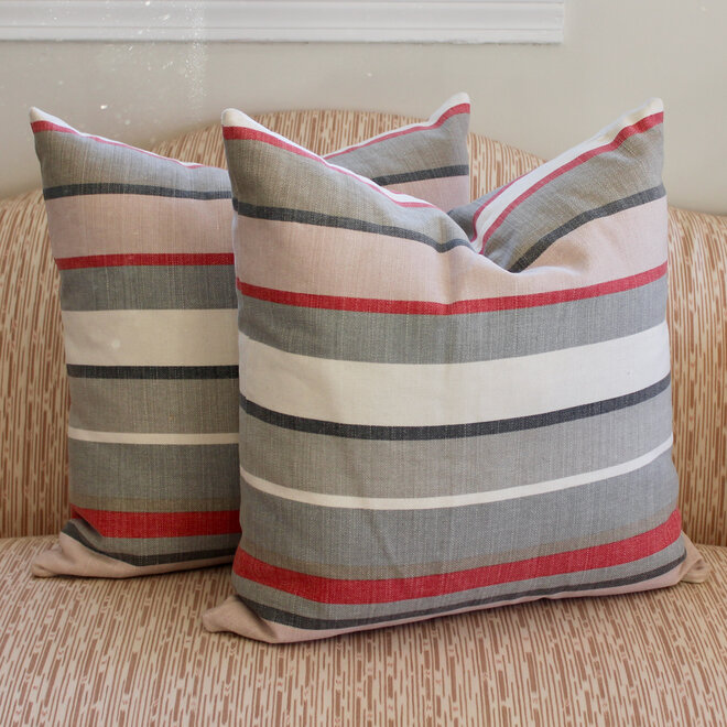 Pair of Pillows - Gray, Pink, & Red Striped Fabric
