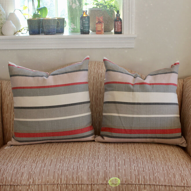 Pair of Pillows - Gray, Pink, & Red Striped Fabric
