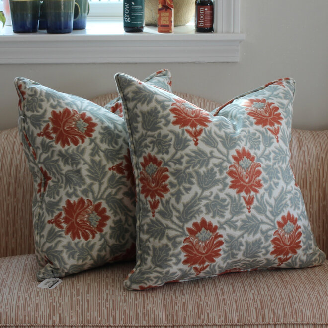 Pair of Down Blend Custom Pillows - Slate Blue, Coral, & Light Taupe Fabric