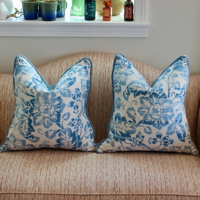 Pair of Blue Floral Pillows with a Blue Fabric Backing