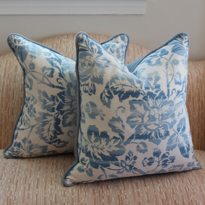Pair of Blue Floral Pillows with a Blue Fabric Backing