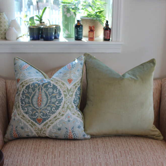 Custom Down Blend Pillows in a Patrina Lake fabric with a Green Velvet Backing