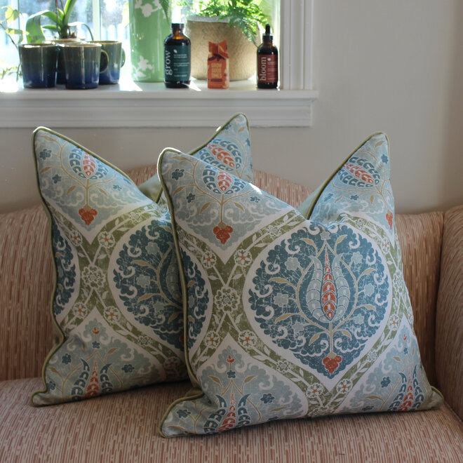 Custom Down Blend Pillows in a Patrina Lake fabric with a Green Velvet Backing