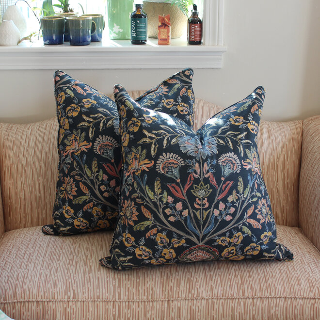 Pair of Custom Pillows in a Navy Floral Fabric - 22x22