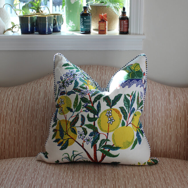 Custom Down Blend Pillows in Schumacher Citrus Garden Fabric with Blue Ticking Fabric Back - Set of 2