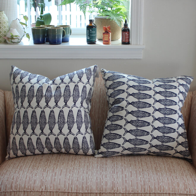 Pair of Custom Down Blend Pillows - Blue & White Fish Fabric