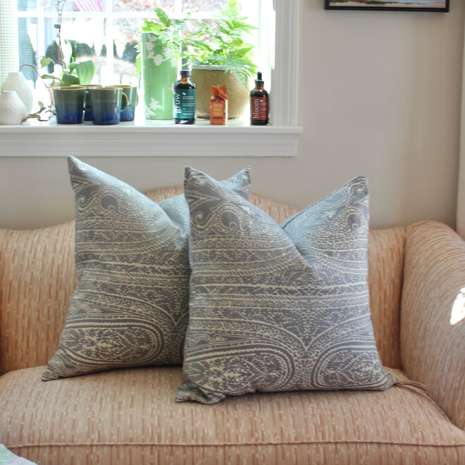 Pair of Down Blend Pillows in Intricate Silver Fabric - 22x22