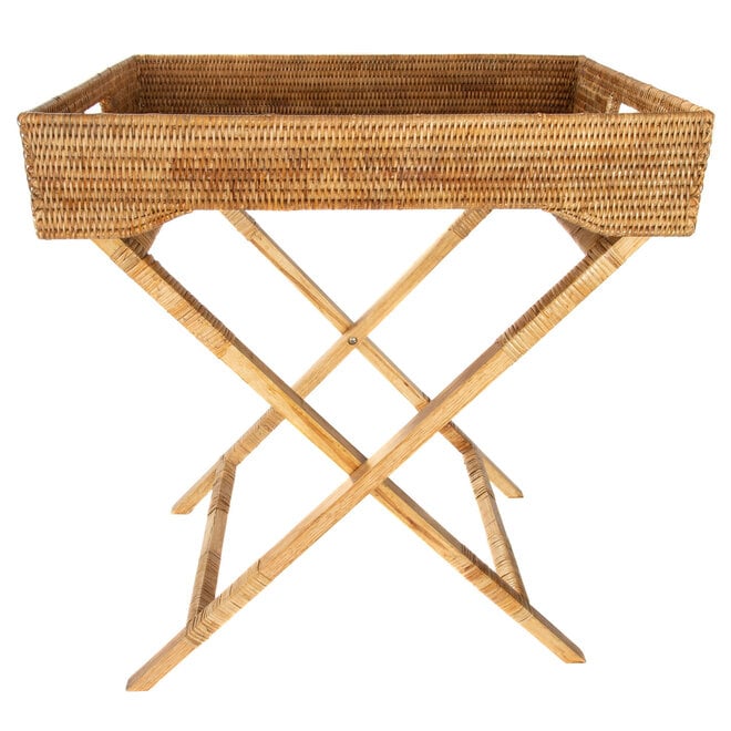 Butler Tray & Table with Glass Insert - Honey Brown