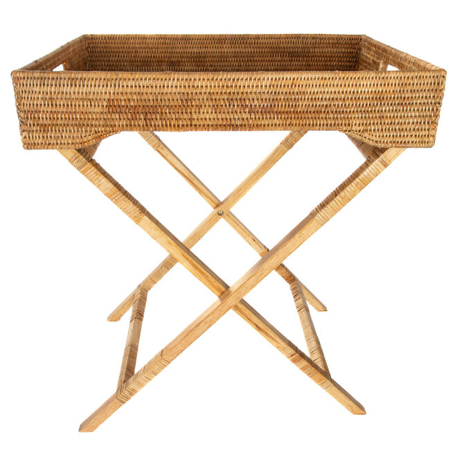Rattan Butler Tray & Table with Glass Insert - Honey Brown
