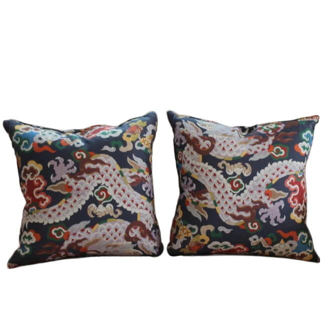 Pair of Navy Dragon Pillows - 19x19