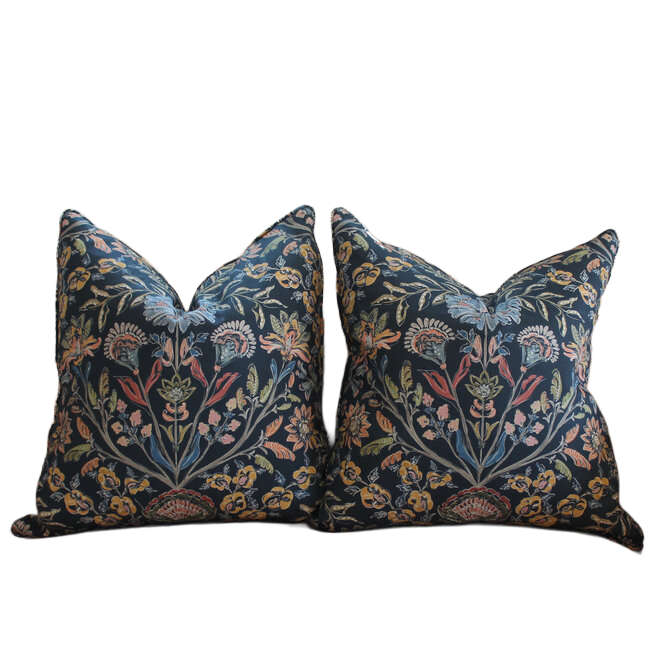 Pair of Custom Pillows in a Navy Floral Fabric - 22x22